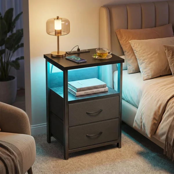 Black Nightstand Set of 2 with Charging Station, RGB LED & 2 Fabric Drawers