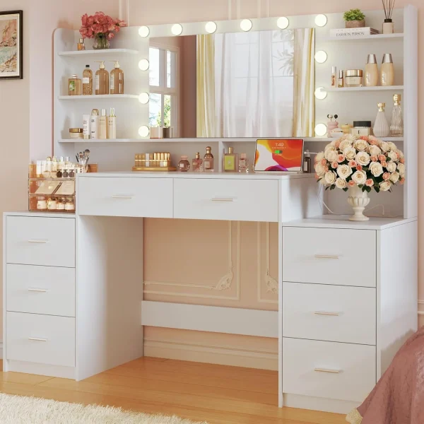 Fixwal 54.3" Professional Makeup Vanity Table with 8 Drawers, LED Hollywood Mirror & Charging Station, White